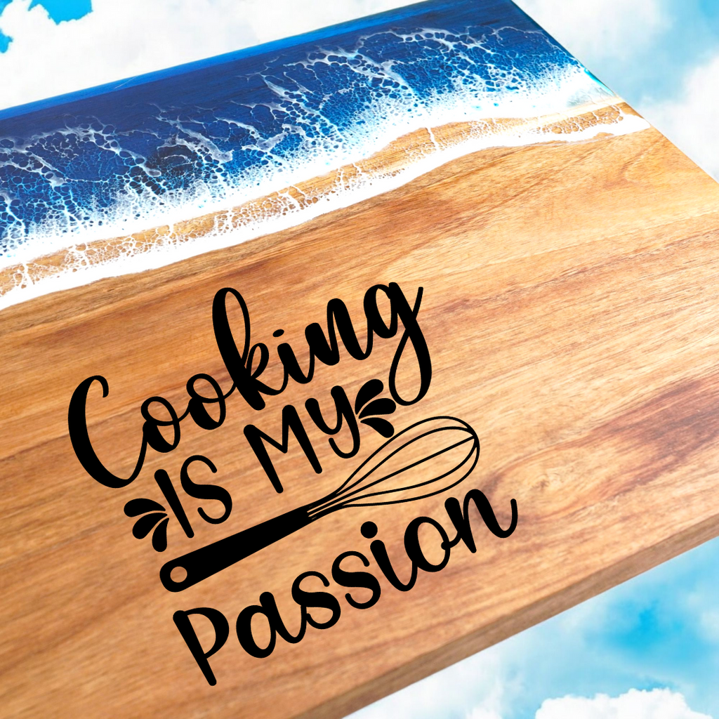Resin and Wood cutting board with engraving "Cooking is my Passion".