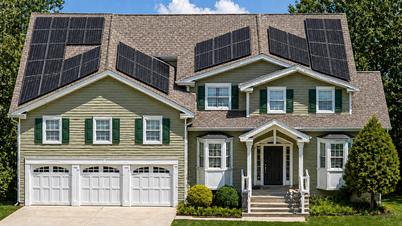 Two-story house with solar panels on the roof, surrounded by trees and a clear sky.