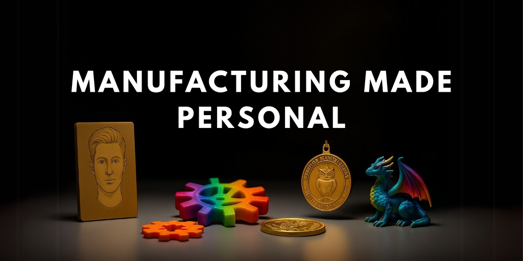 A dark, professional tabletop display features a variety of custom-manufactured items. On the left is a brass plaque with an engraved male portrait. In the center are several gold coins and a medallion with a dragon emblem. On the right sits a colorful 3D-printed dragon figurine. Above the objects, bold white text reads "MANUFACTURING MADE PERSONAL"