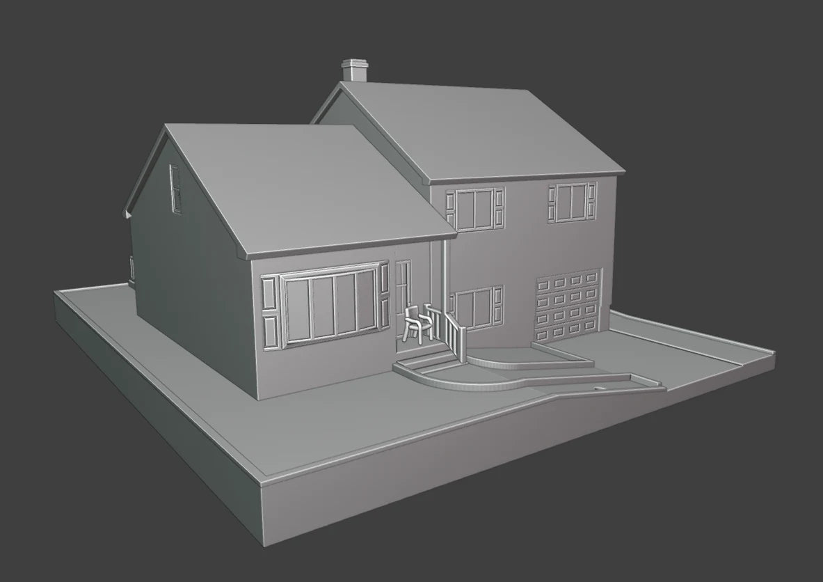 Actual grey CAD view of a two-storey family home showing roof forms, window trim, front steps and the display base.